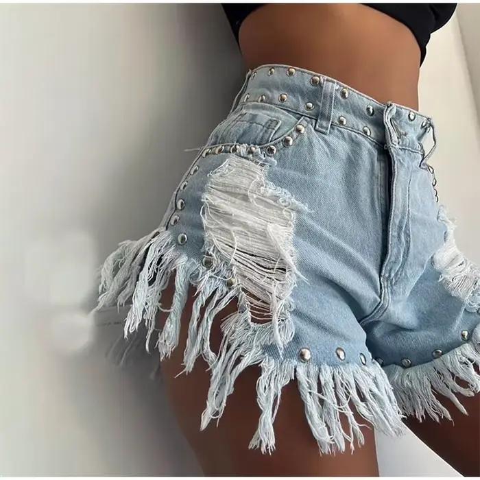 Jean court en Denim pour femme avec pompon, rivets en métal, taille haute, Baggy, trous déchirés, co