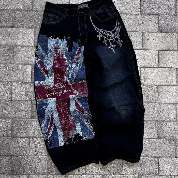 Jean large taille basse déchiré style Y2K subcultural sombre avec imprimé drapeau britannique pour h