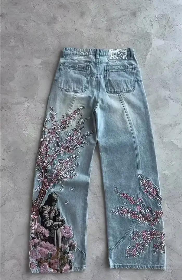 Jean ample brodé 3D motif cerisier, style rétro délavé bleu clair, coupe cowboy, pour homme