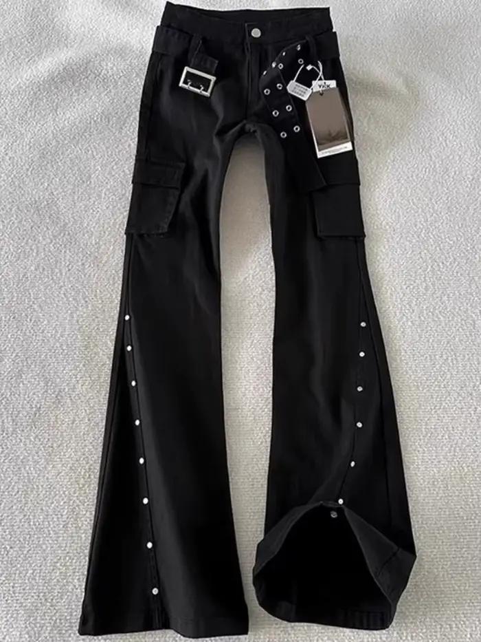 Jean gothique foncé rétro américain pour femme, pantalon évasé taille moyenne, décoré à rivets, pant