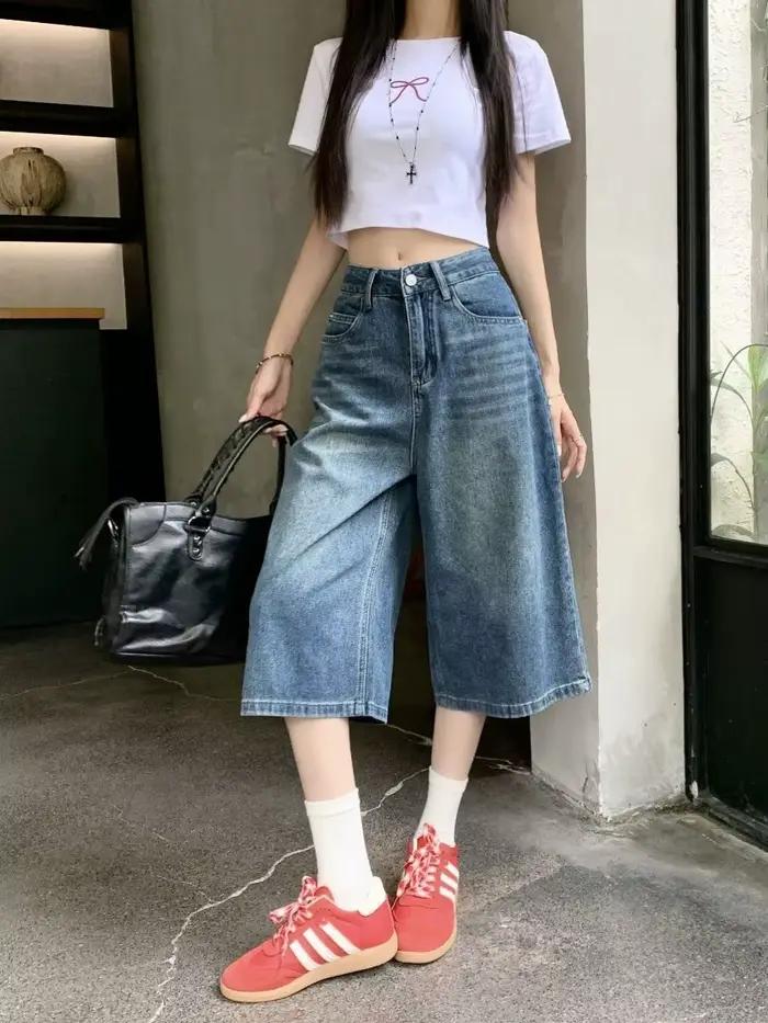 Shorts en jean vintage style américain Y2K pour femme, coupe ample, taille haute, délavage, longueur