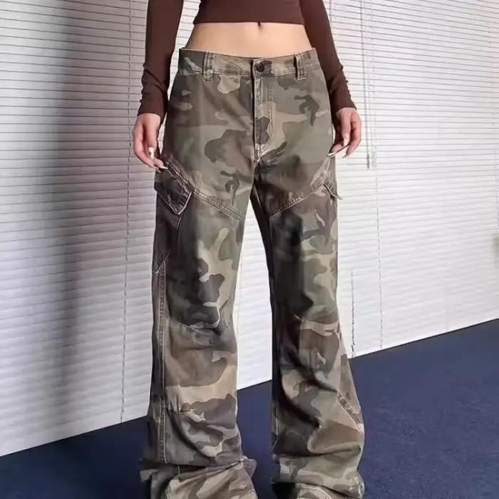 Jean de travail ample camouflage style rétro américain pour homme, taille haute, coupe droite, aminc