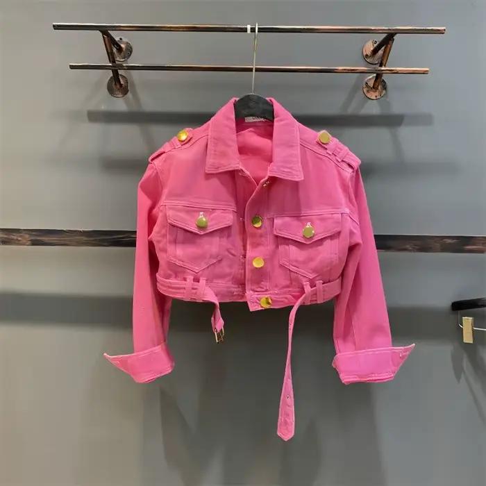 Veste en Jean Rose pour Petite Fille de 2 à 15 Ans, Manteau Court, Couleur Unie, avec Revers et lève