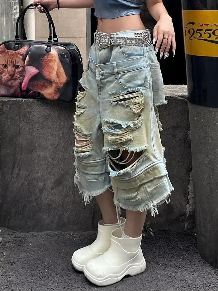 Américain lavé déchiré vieux Denim pantacourt Baggy jean femmes rue droite jean ample pantalon à jam