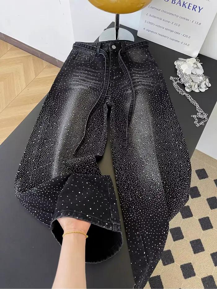 Jean en denim scintillant à strass pour femme, nouveau design à jambe large, sensation tendance, pan