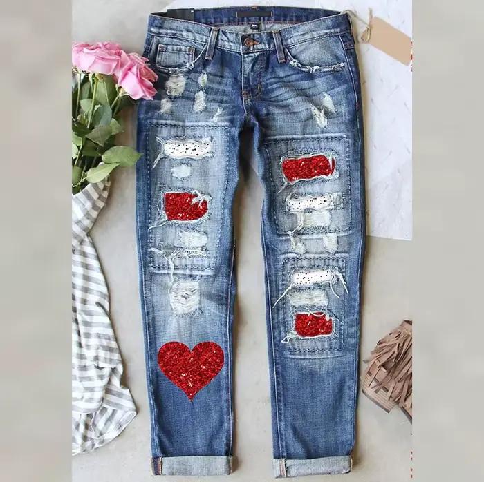Jean en denim pour femme, vintage, délavé, taille mi-haute, coupe droite, style Y2K, streetwear, déc