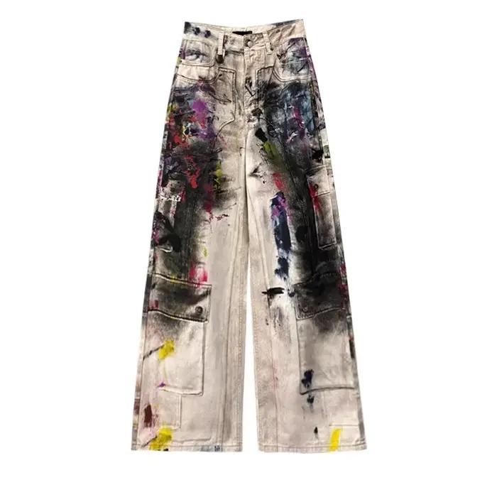 Y2k jean dames Cool peint Graffiti avec taille haute et coupe ample jean déchiré pour femme pantalon
