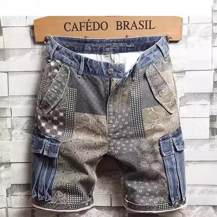Shorts en jean pour hommes, style workwear, tendance, color-block, cinq quarts, pour l'été, décontra