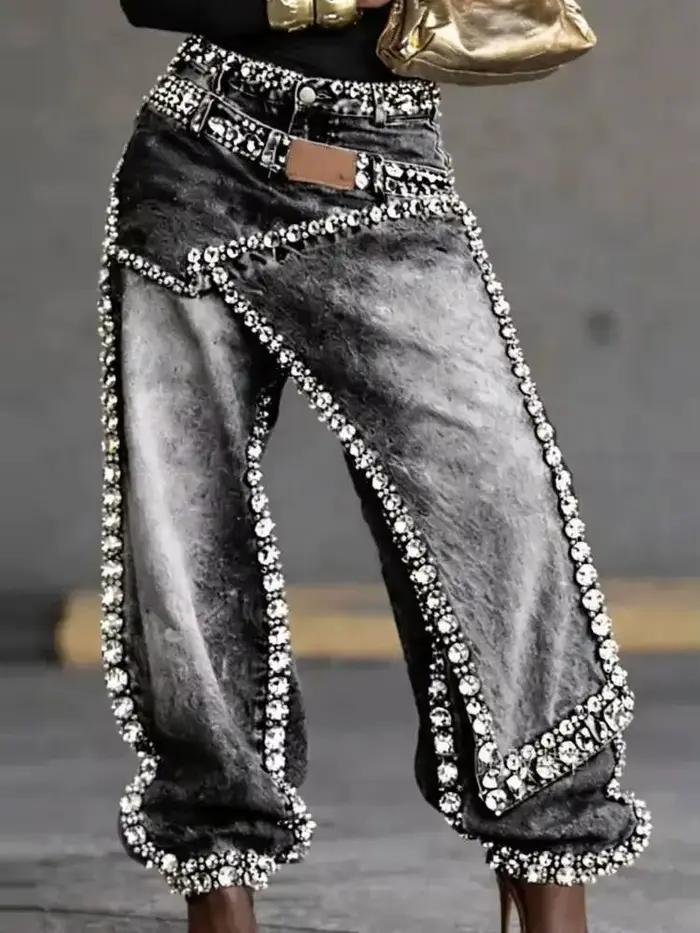 SHENGPALAE Jean Femme Coupe Large Superposé Patchwork Délavé Décor Strass Asymétrique Streetwear Ten