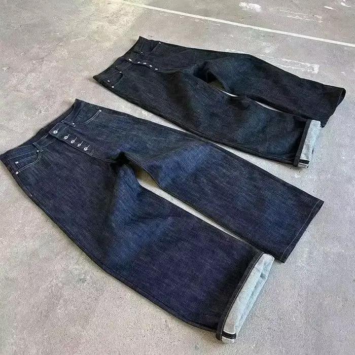 Jean ample à jambe large en selvedge original non extensible, coupe droite, taille haute, fermeture