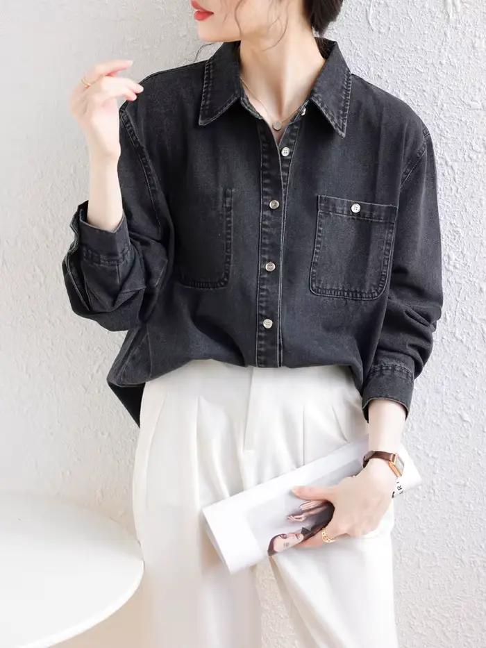 Chemises en Denim Vintage noires fines pour femmes, Streetwear rétro à manches longues, hauts en jea