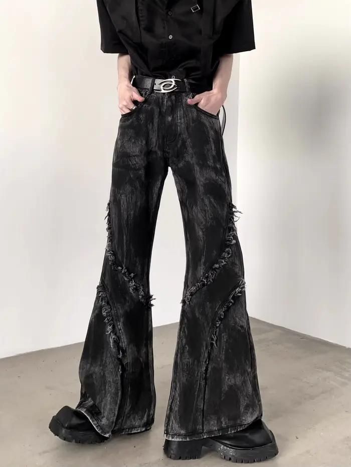 Niche Design hommes jean lavage boue-teinture contraste couleur pantalon ample droit jambe large amp
