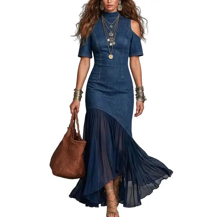 Robe midi en jean patchwork à col montant 2026, style moderne, pour femme, à manches courtes, avec d