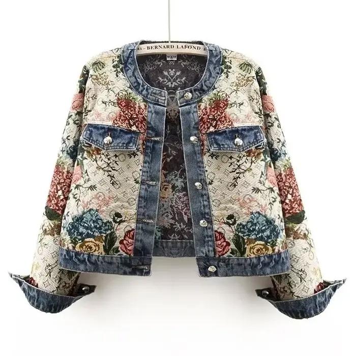 Veste en jean jacquard rétro chinoise à manches longues et col rond pour femme, nouvelle collection