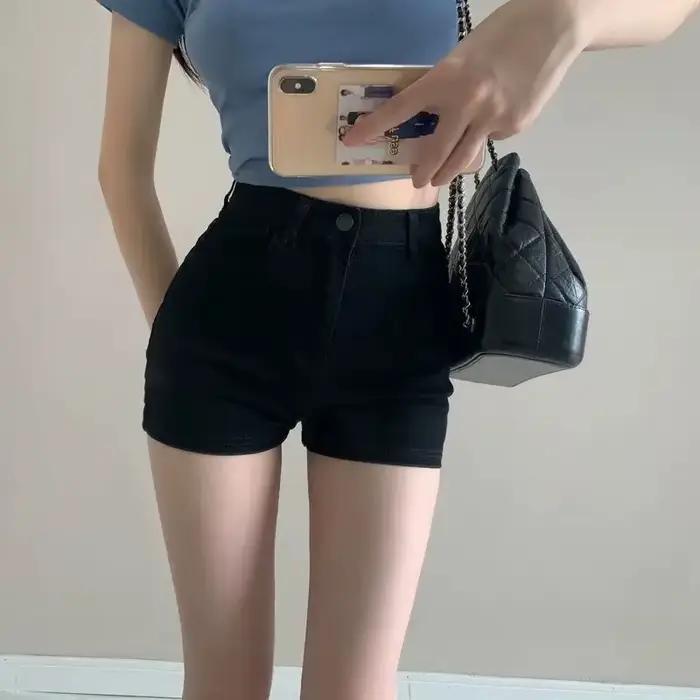 Short en jean coréen taille basse 2024 - Riveté à lacets moulant noir pantalon chaud Vintage effront