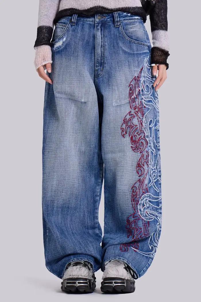 Y2K broderie Design jean US EU Vintage délavé Streetwear pantalon à jambes larges coupe ample pantal