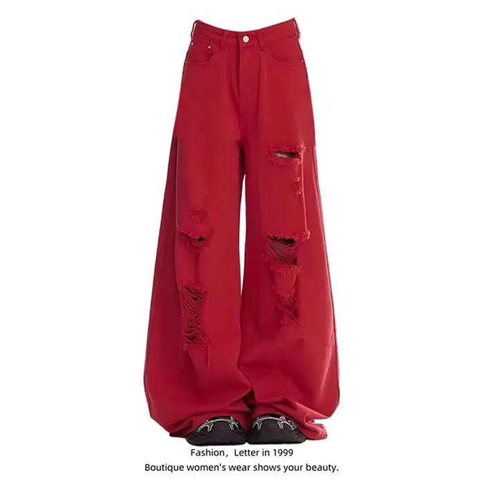 ZHIZOU femmes rouge déchiré jean Baggy Vintage esthétique Streetwear Cowboy pantalon Harajuku surdim