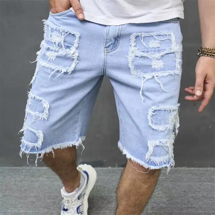 Jean Délavé en Denim pour Homme, Longueur Genou, Taille Moyenne, Épissé, Déchiré, Poches, Ajustement