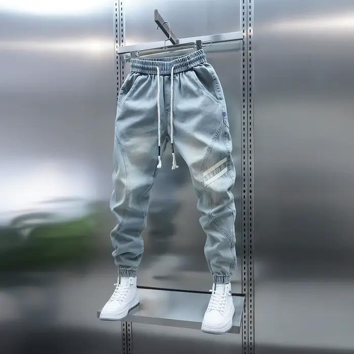 Jean rayé pour hommes, pantalon de jogging en Patchwork bleu clair, coupe cintrée, tenue décontracté