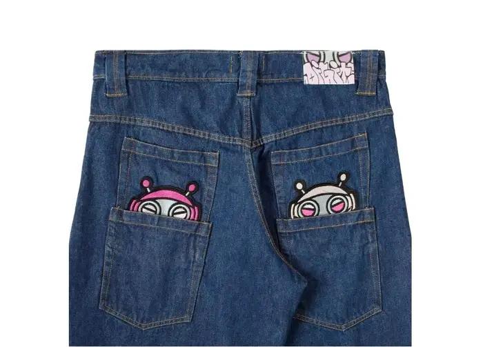 Jeans en denim foncé pour homme, imprimé tigre, poche brodée avec rayures dorées, style Y2K streetwe