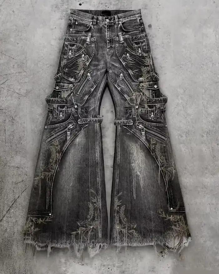 Pantalon cargo en denim gris vintage Y2K, multi-poches, délavé, style punk streetwear, surdimensionn