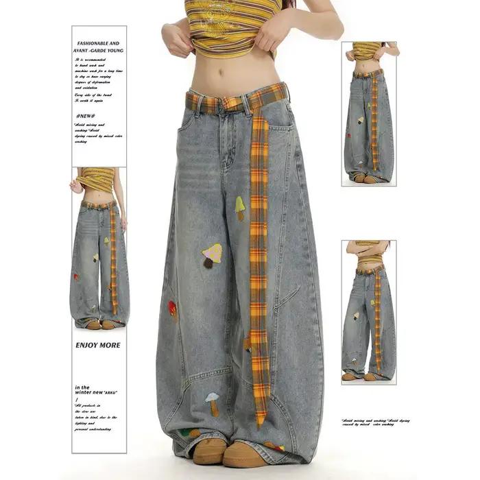Jean brodé avec serviette de dessin animé rétro américain pour femme, pantalon scimitar ample à jamb