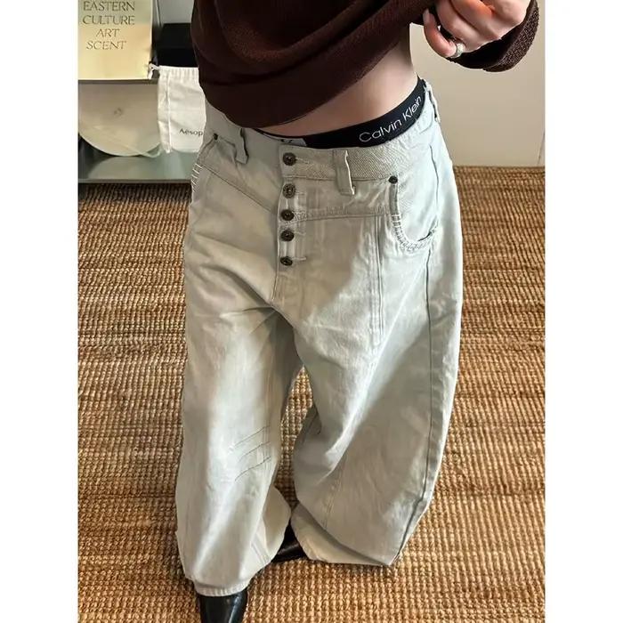 Jeans Boyfriend Baggy Bleu pour Femmes, Vintage Grunge Emo, Pantalon Jean Large, Harajuku, Denim Sur