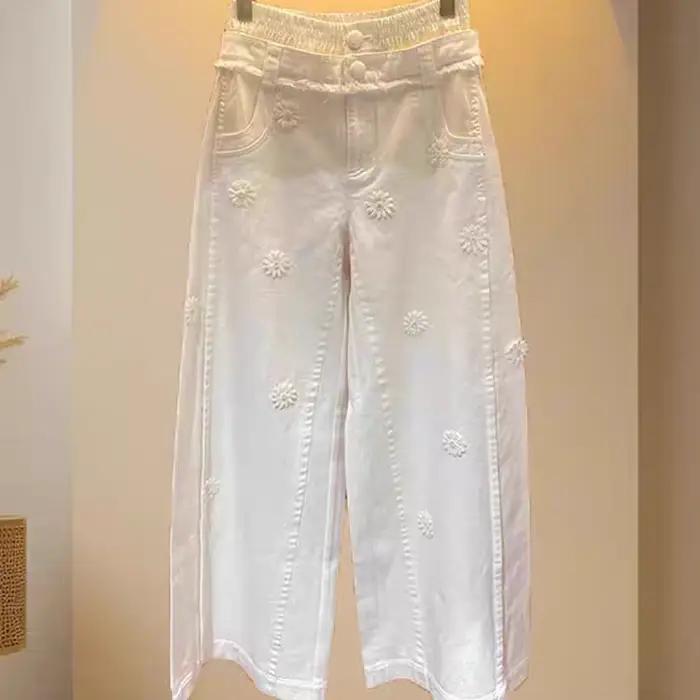 Nouvelle mode printemps-automne, jeans blancs décontractés polyvalents à décorations de marguerites