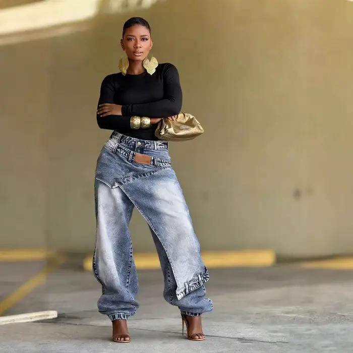 Jeans Femme Vintage Coupe Large Denim Délavé Streetwear Patchwork Patches Pantalon Droit Effet Usé L