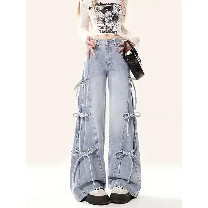 MEXZT Y2K 2000S jean femmes Vintage Streetwear nœud pansement jambe large Denim pantalon Harajuku co