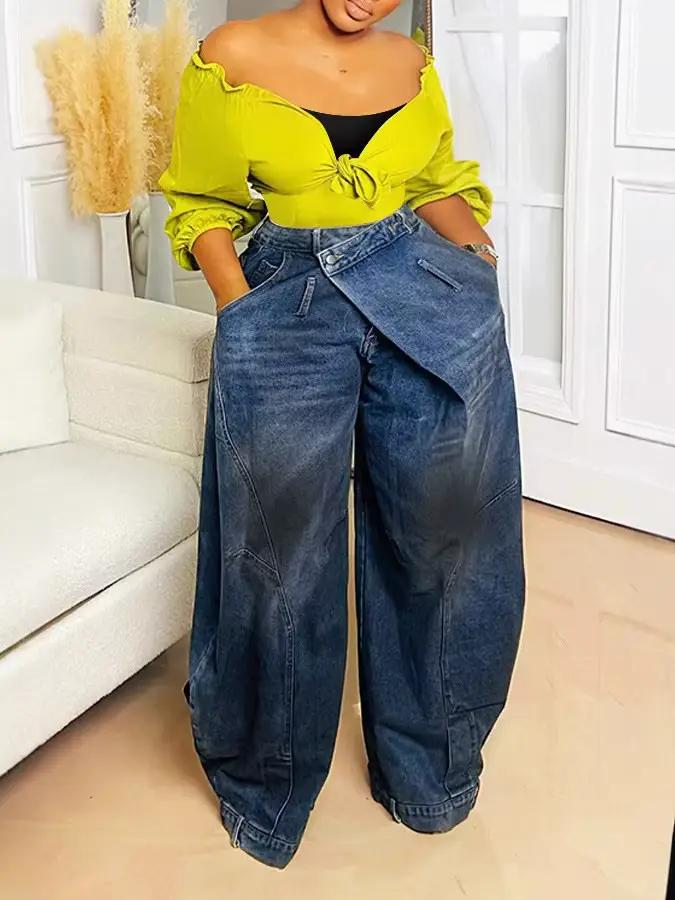 Nouveau jean décontracté rétro délavé à taille inversée pour femme, collection été 2026