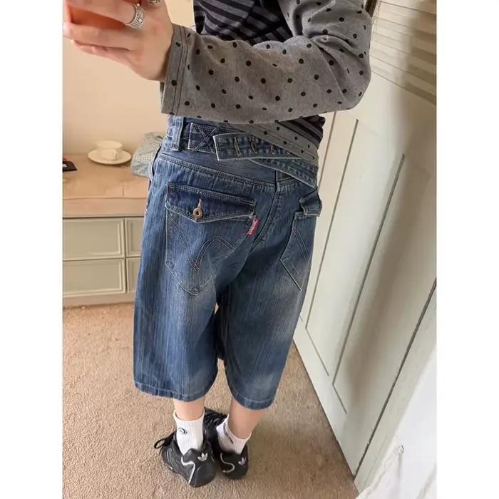 YIBASHU Short en jean brodé rétro américain pour femme, style Y2K années 2000, Harajuku, longueur mo