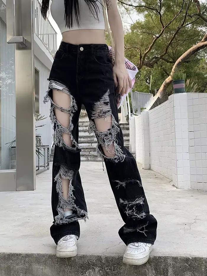Zoki-Jean denim taille haute pour femme, style hip hop, Y2K, streetwear, Harajuku, pantalon amissié,