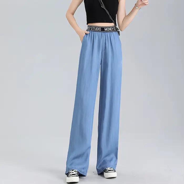 Lyocell-Jean Long à Jambes Larges pour Femme, Pantalon Droit, Taille Haute, dehors, Décontracté, Bur