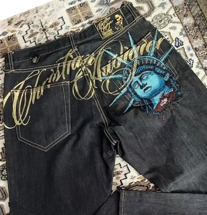 Vintage Liberty brillant strass jean décontracté Denim pantalon taille basse droite jambe large jean