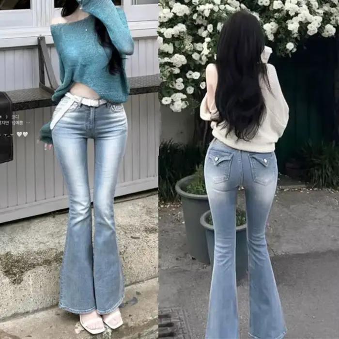 Sable Blast lavé mode coréenne célébrité d'internet vente chaude jean taille basse Flare jean coton