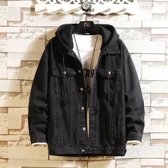Veste en Jean à capuche pour hommes, Streetwear décontracté, couleur unie, col rabattu, manteaux en