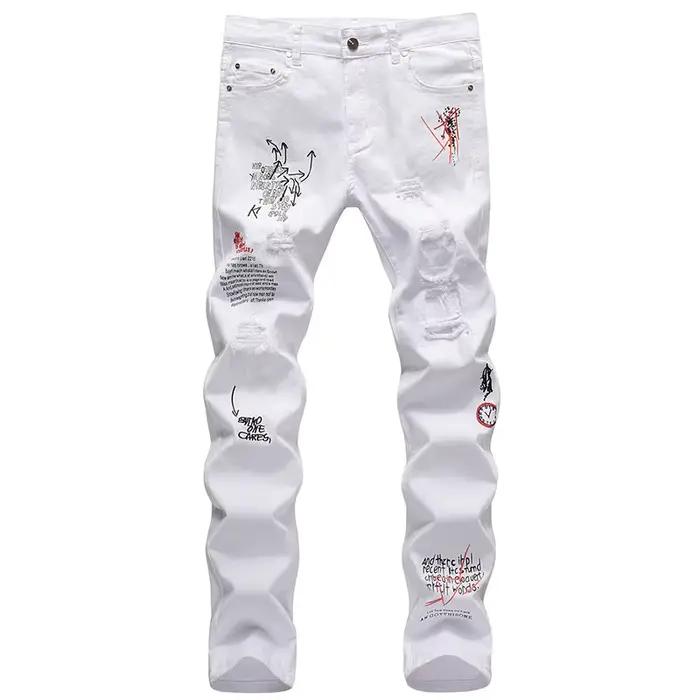 Jean skinny blanc avec lettres brodées pour hommes, Hip Hop, Punk, Moto décontractée, Pantalon en de