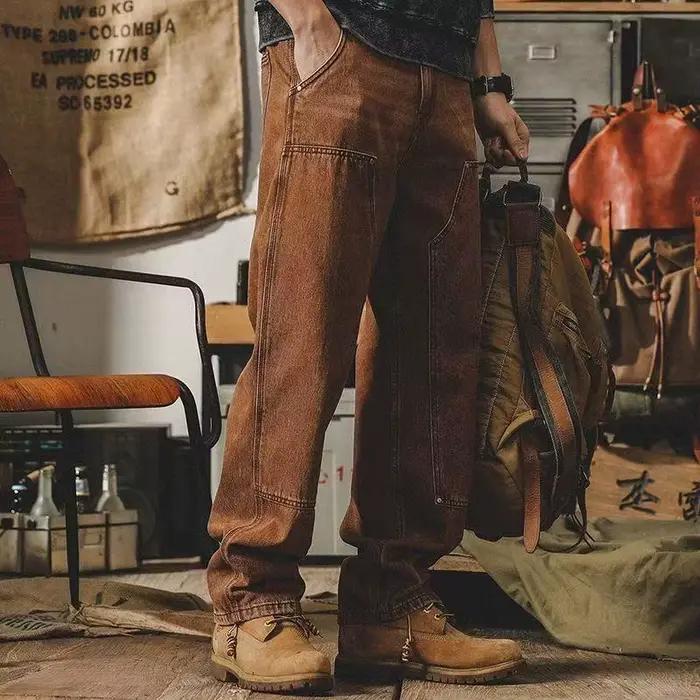 American Vintage Men's Jeans Make Old Loose Logging Cargo Pants Spring Autumn Splicing Design Straig