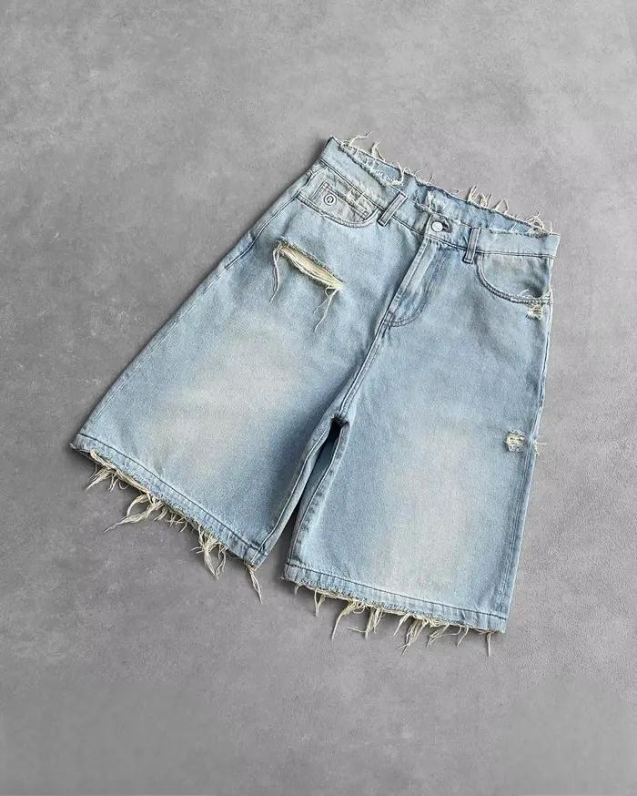 Shorts en jean noir délavé, style streetwear hip-hop, déchirés, pour l'été