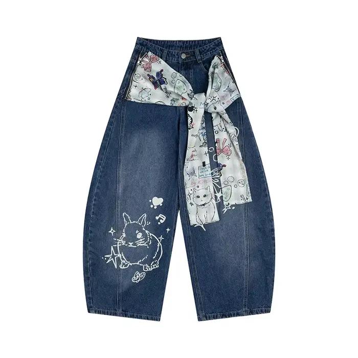 Olivegirl Denim jean américain rétro Graffiti écharpe bretelles pantalon jambe large Hiphop lapin je