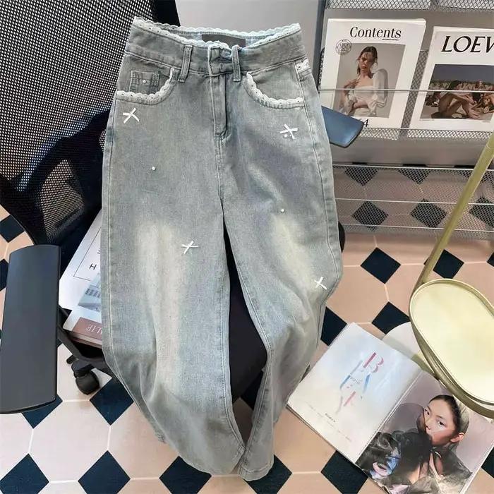 Jean en Denim Bleu avec Nministériels d Papillon pour Femme, Pantalon Droit, Taille Haute, Jambes La