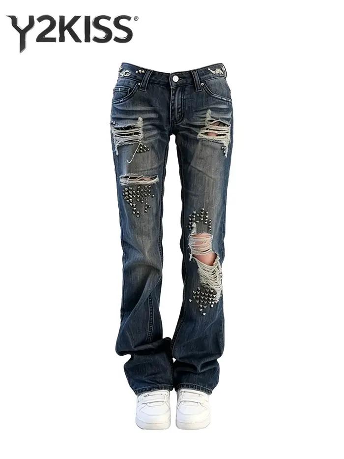 Jeans taille basse pour femmes, déchirés, style skinny, denim, Harajuku Y2k Punk Dark Academia, pant