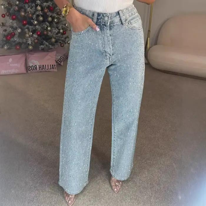 Deeptown bleu strass jean femmes noir Vintage diamants délavés jambe large Style américain Denim pan