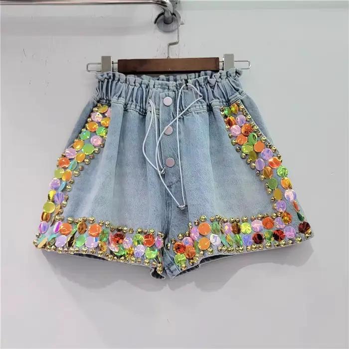 Shorts en jean pour femmes, style Y2K, nouvelle mode estivale, de luxe, à paillettes et perles, coup