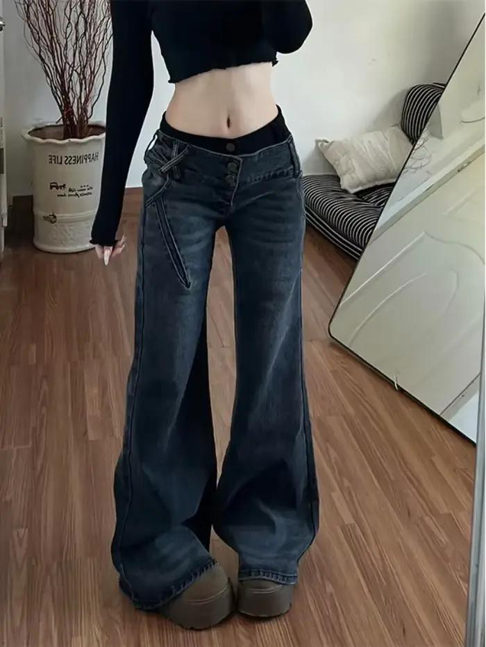 Jean Micro évasé de Style américain pour fille épicée, Design avec Patchwork, pantalon polyvalent Vi