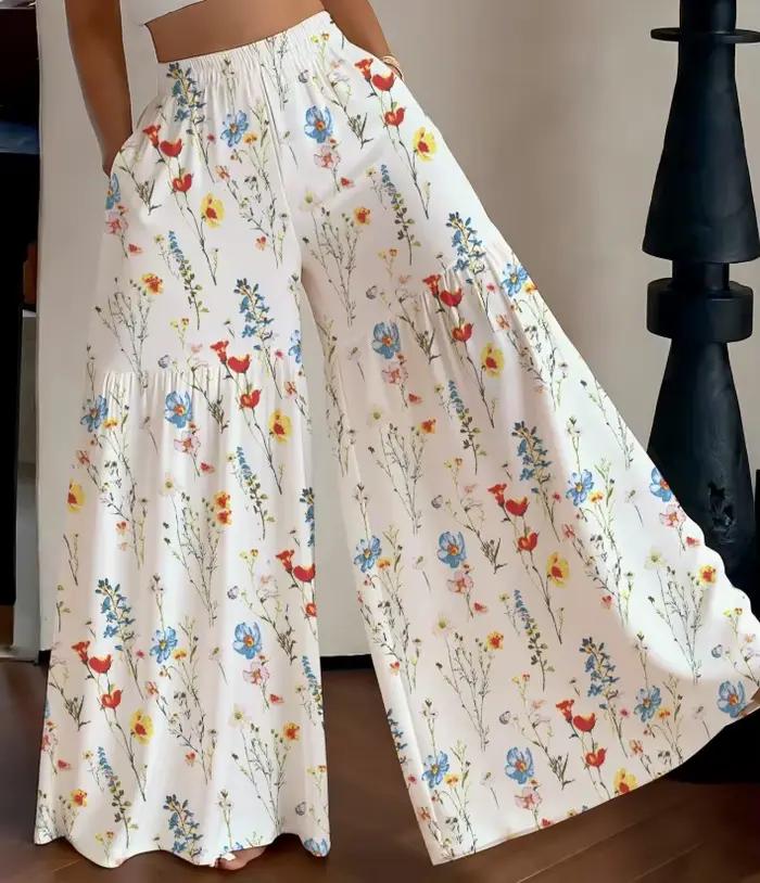 Pantalon large floral 2026 pour femme, taille haute, ample, en mousseline, style Y2K, fluide, bohème