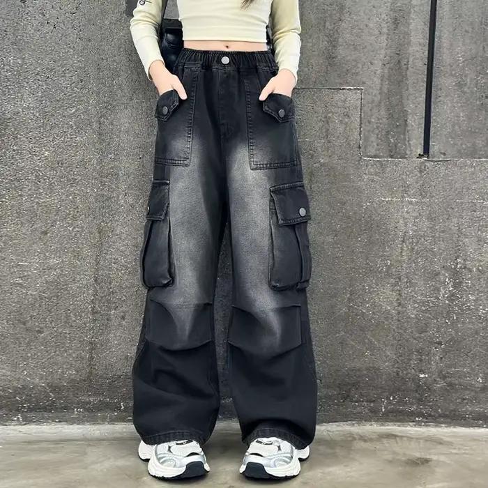 Jeans vintage déchirés pour enfants avec poches, style Y2K, pantalon en denim tendance pour filles,