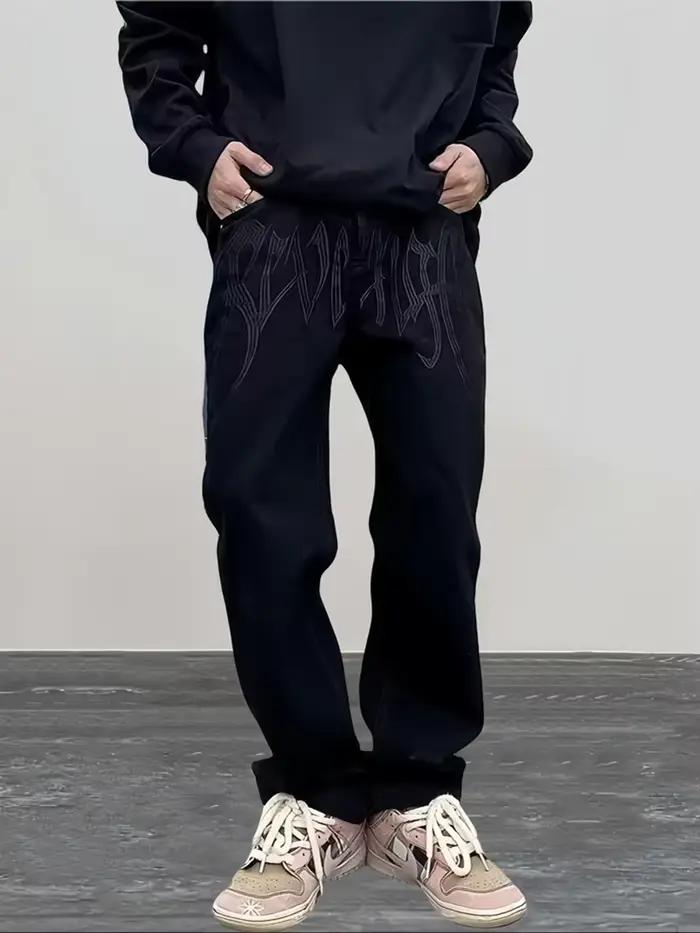 Jean Slim Noir avec Lettres Brodées pour Homme, Pantalon Streetwear, Vêtements Harajuku, Mode Hip Ho