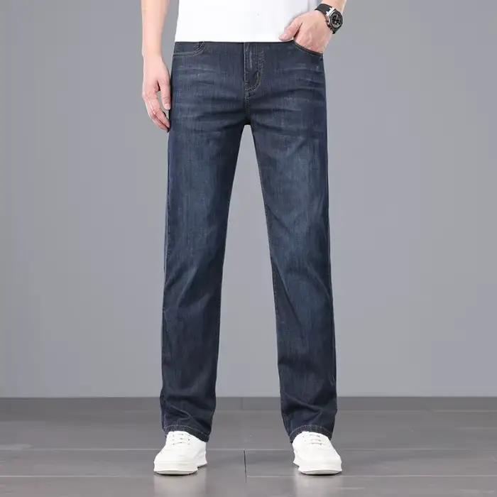Jean d'été pour homme coupe droite taille haute ample en denim fin bleu style classique 2026
